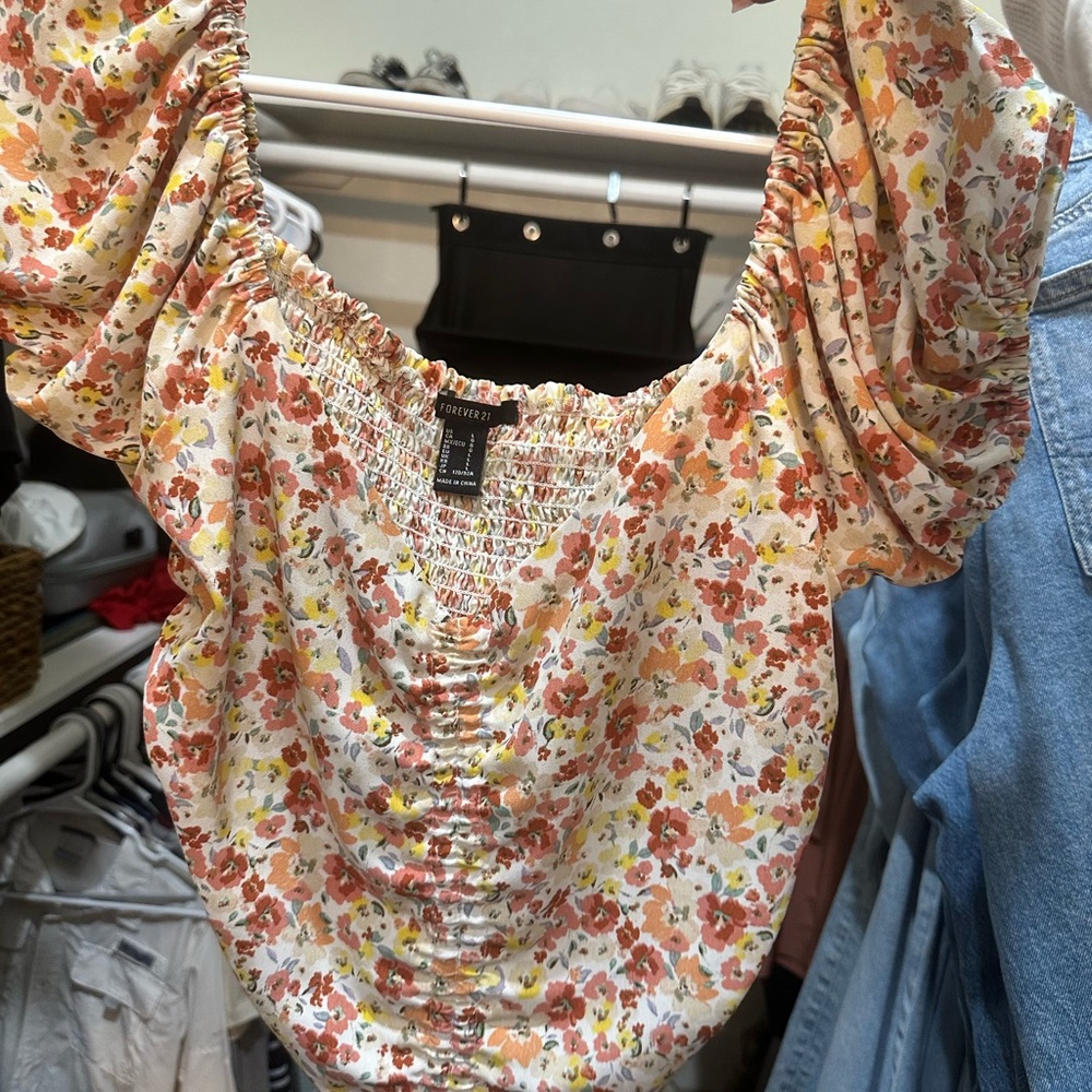 Forever 21 Floral Ruched Blouse - Orange and Yellow